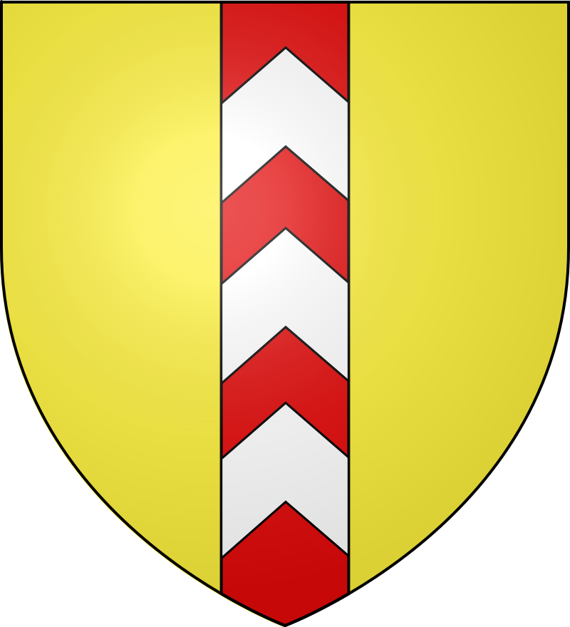 D'or, au pal de gueules, chargé de trois chevrons d'argent.